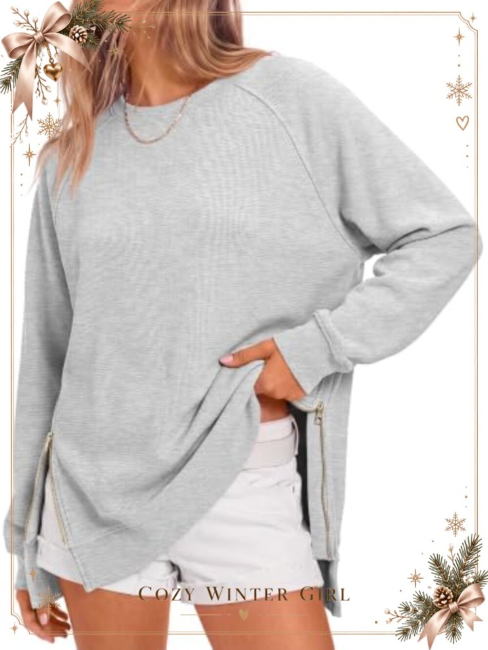 Oversized Crewneck Sweatshirt Long Sleeve Tunic Pullover with Side Zipper